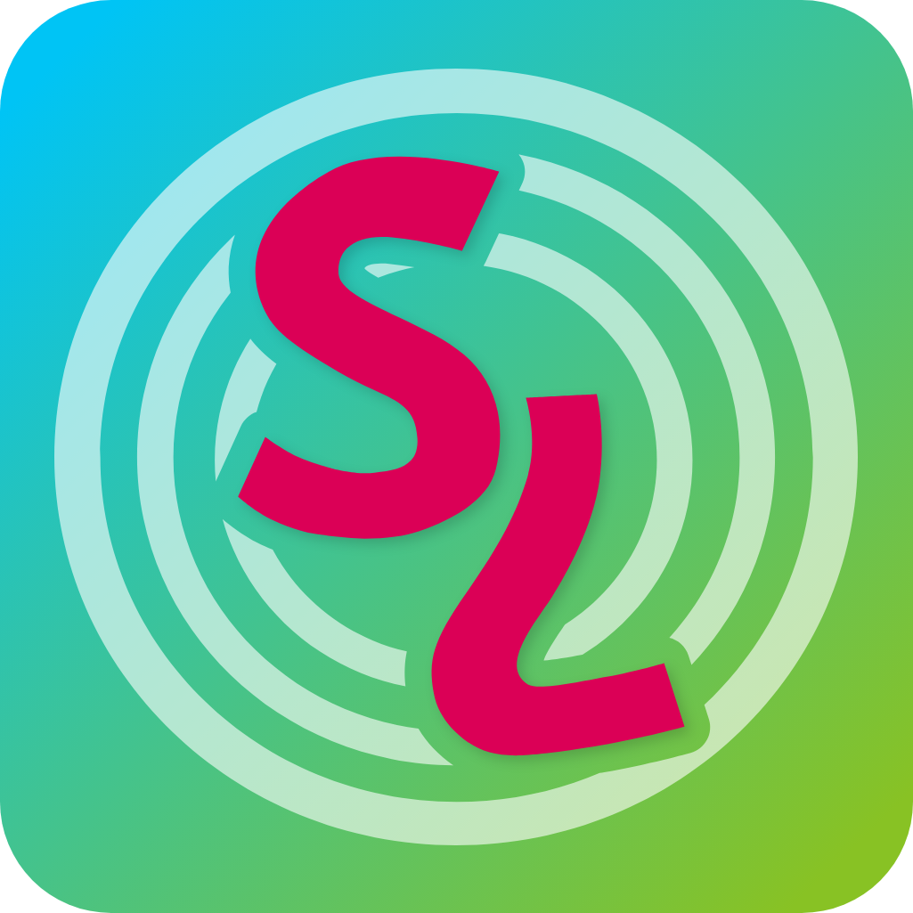 Serial Loops app icon; the letters 'SL' emblazoned above four translucent gray rings within a rounded square box colored with a blue-to-green gradient along the negative X-Z axis